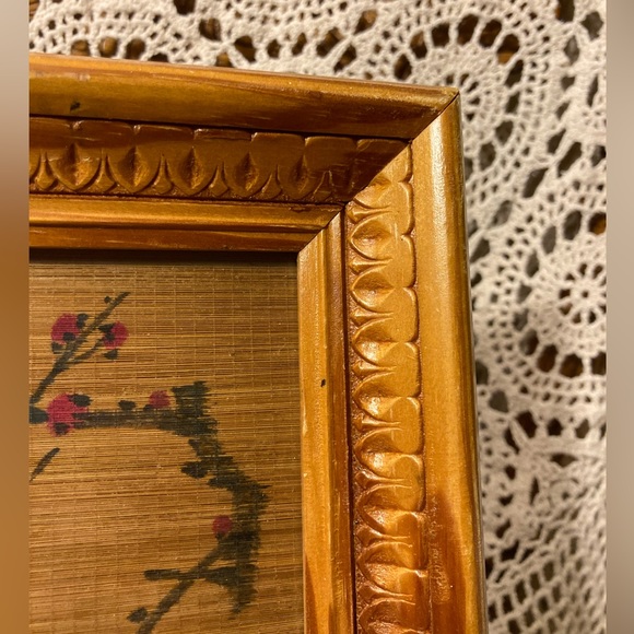 Vintage Bamboo Scroll Painted Bird with Tree Blossoms Teak Framed Wall Decor - Picture 11 of 17